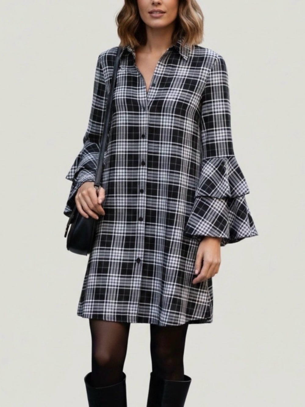 Alice + Olivia Jem Plaid Ruffle Bell Sleeve Button Shirt Dress Black White Sz XS